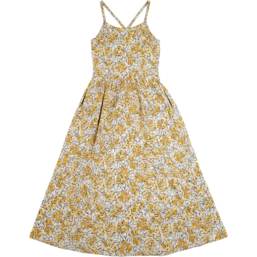 Pact Fit & Flare Midi Dress Medium Yellow Floral Organic Cotton Pockets Casual